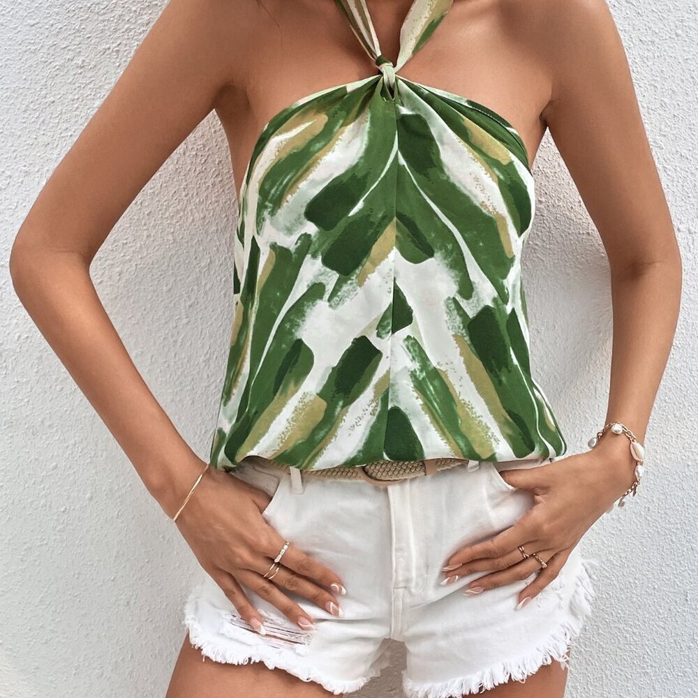 Apricot Casual Women's Brush Print Tie Backless Halter Top Graphic Tees Tops